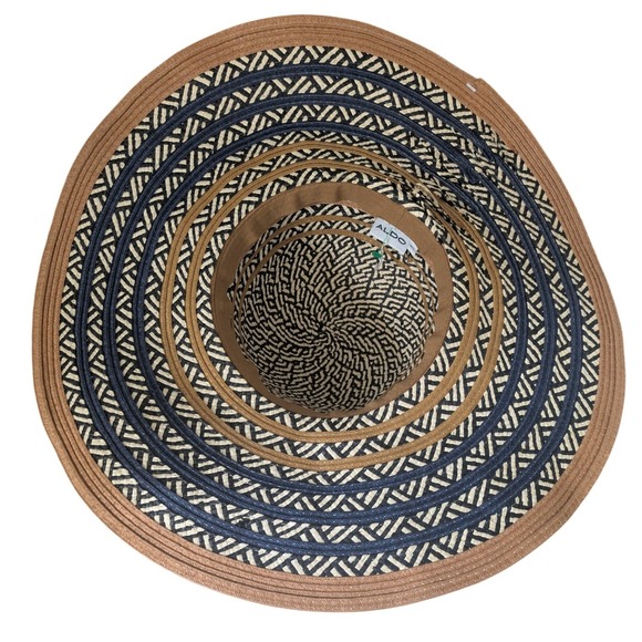 ALDO Womens Wide Brim Sun Hat Navy Blue Tan Geometric Woven Floppy Straw Hat ML - Picture 5 of 6